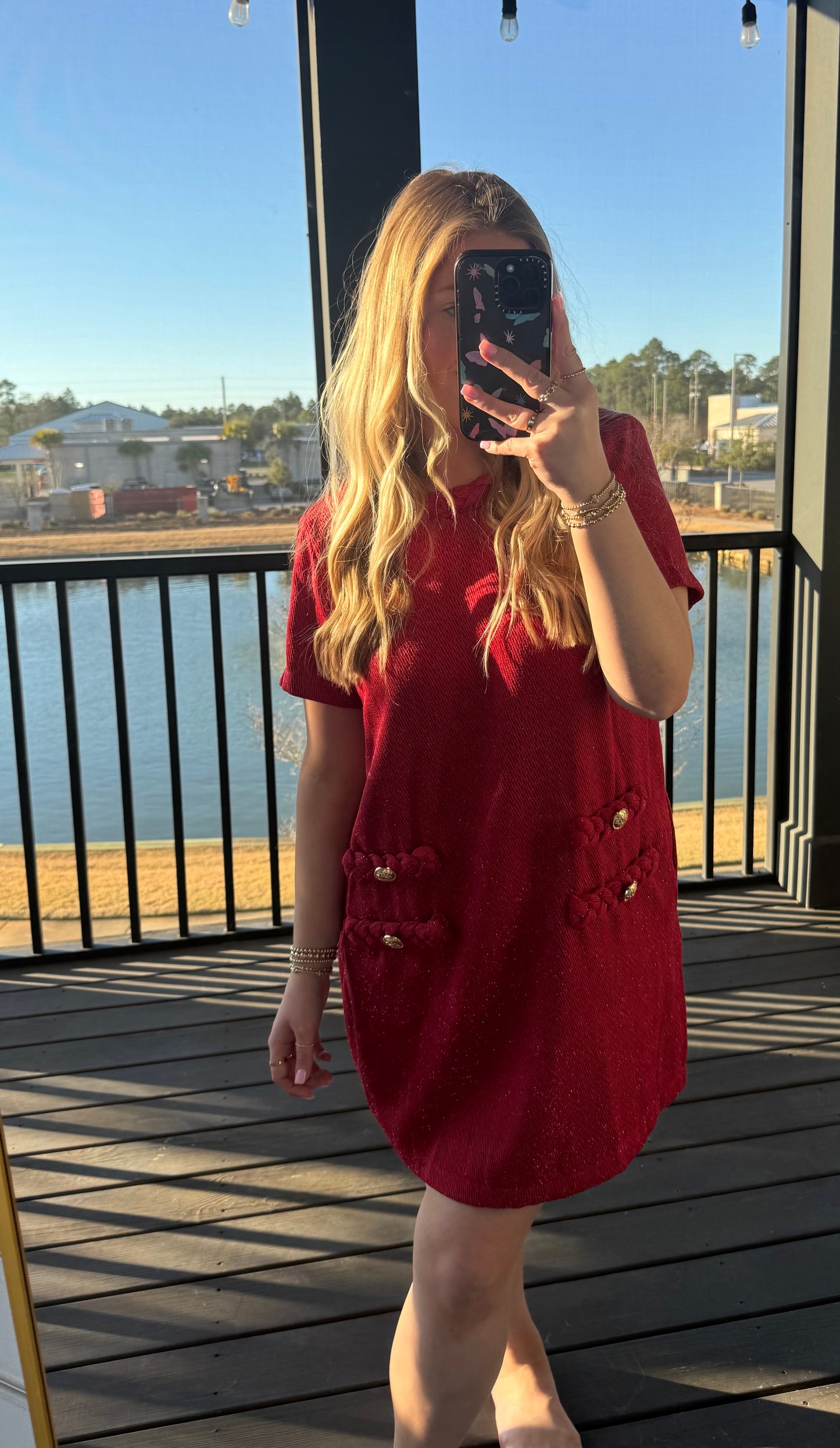 Red Round Neck Twisted Trim Mini Dress